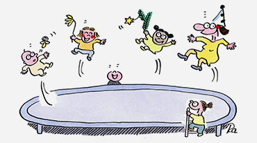 Comic-Zeichnung: Zwei Kinder stehen am Rand eines Trampolins, vier springen darauf in die Luft.