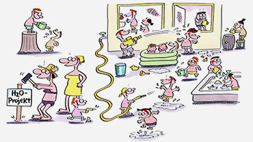 Comic: verschiedene Figuren spielen mit Wasser